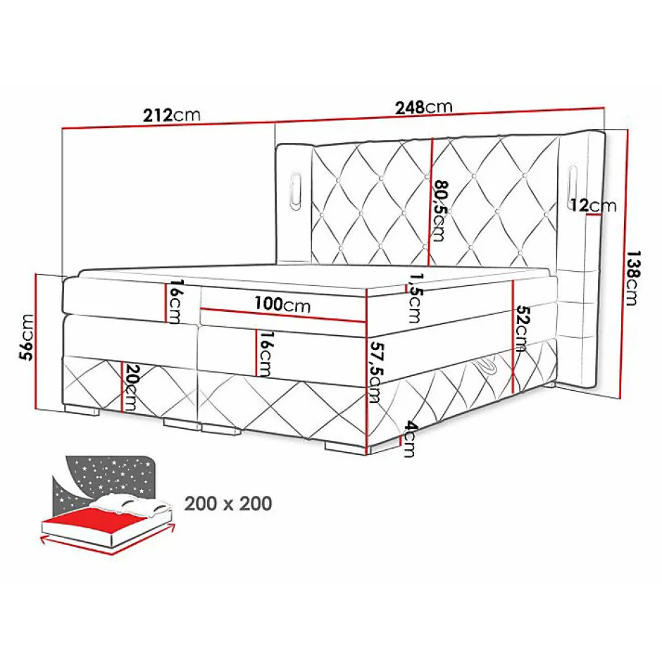 Mobilier1 Lit continental Baltimore 187, Double, Brun clair, Tissu, Disponible