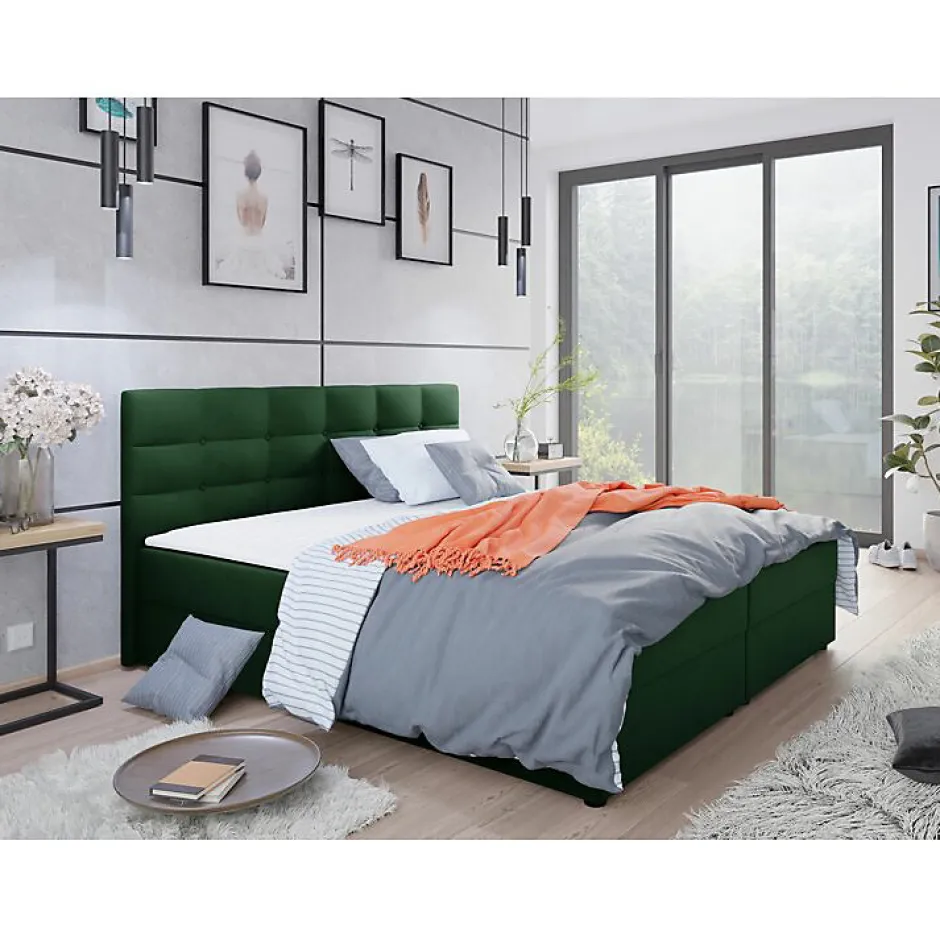 Mobilier1 Lit continental Memphis 114, Double, Vert, Tissu, Disponible Best
