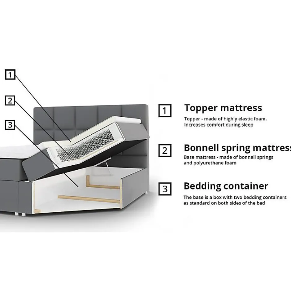 Mobilier1 Lit continental Memphis 118, Double, Gris, Tissu, Disponible Best