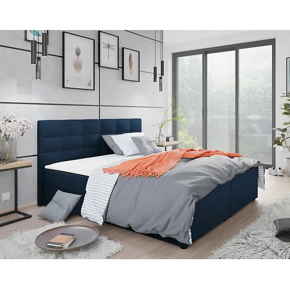 Mobilier1 Lit continental Memphis 114, Double, Bleu, Tissu, Disponible