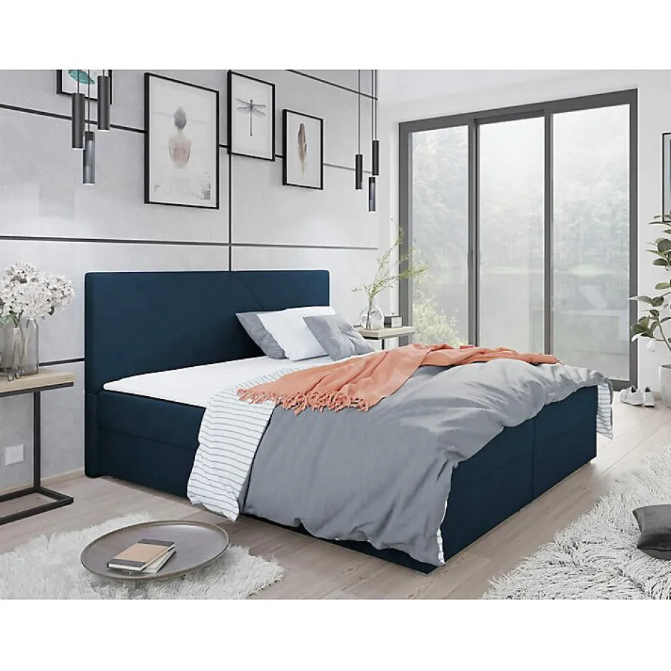 Mobilier1 Lit continental Memphis 117, Double, Bleu, Tissu, Disponible