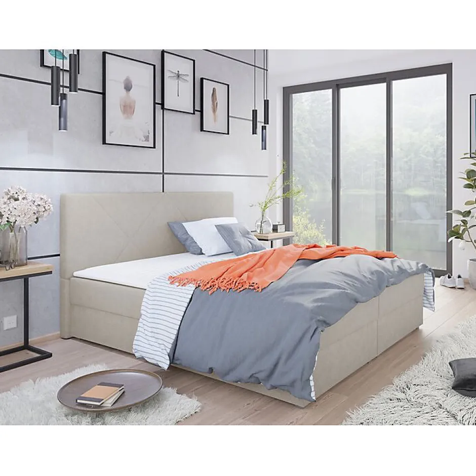 Mobilier1 Lit continental Memphis 117, Double, Brun clair, Tissu, Disponible New