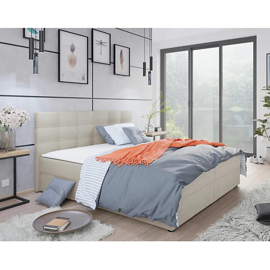 Mobilier1 Lit continental Memphis 115, Double, Brun clair, Tissu, Disponible