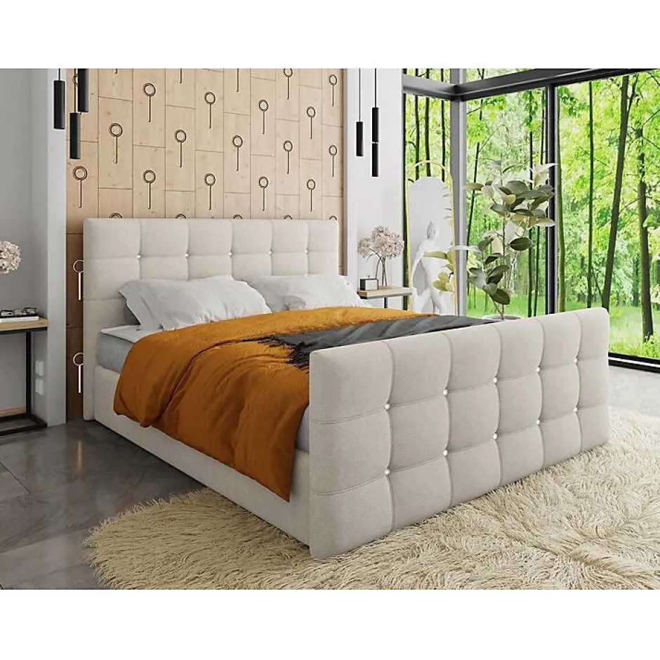 Mobilier1 Lit continental Memphis 113, Double, Brun clair, Tissu, Disponible