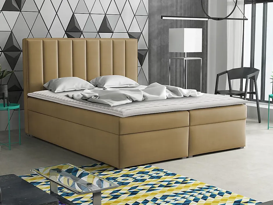 Mobilier1 Lit continental Pomona 116, Double, Brun clair, Tissu, Disponible New