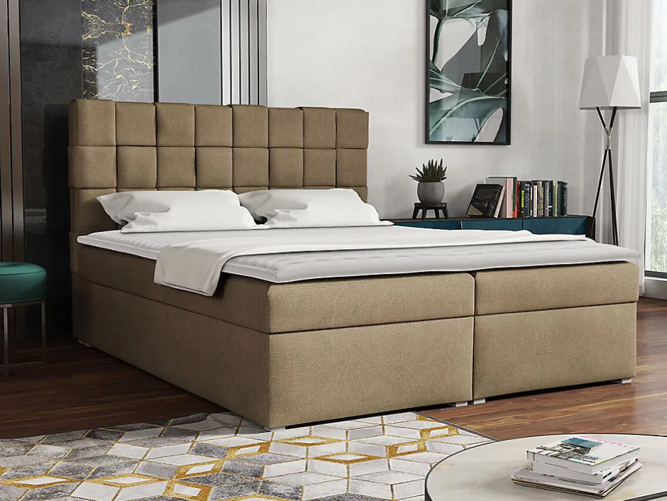 Mobilier1 Lit continental Pomona 117, Double, Brun clair, Tissu, Disponible