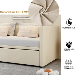 ProximaX Lit convertible 90/180x200 cm, canapé avec roulettes, sommier à lattes, tissu velours beige