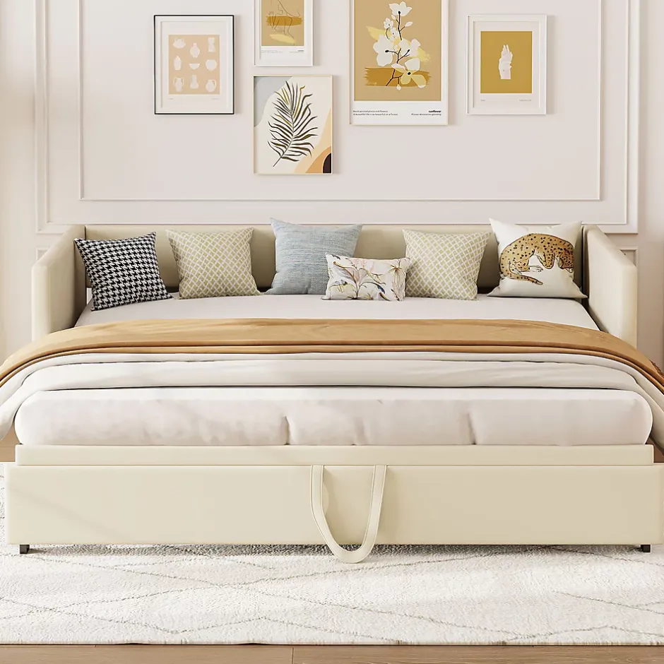 ProximaX Lit convertible 90/180x200 cm, canapé avec roulettes, sommier à lattes, tissu velours beige