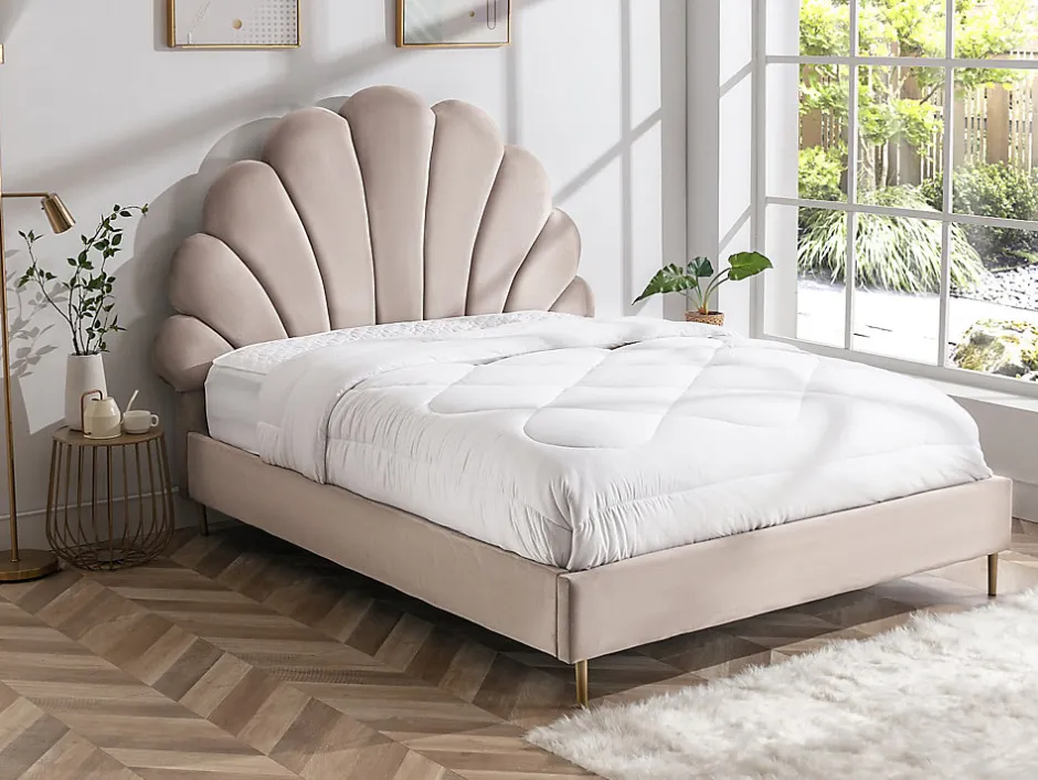 Vente-unique Lit coquillage 140 x 190 cm - Velours - Beige + Matelas - LIVAYA