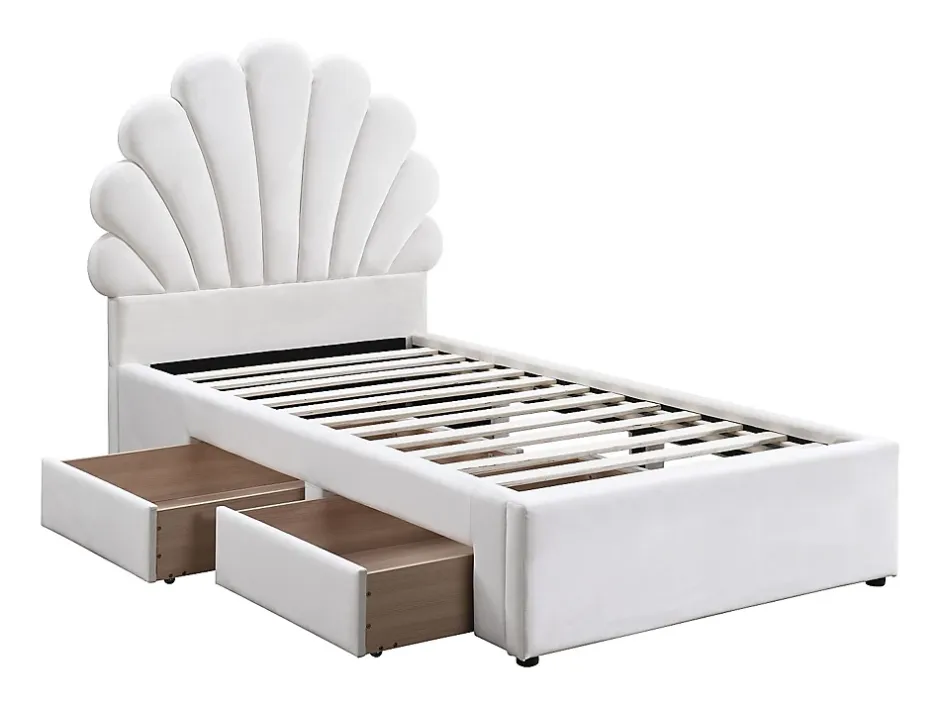 Vente-unique Lit coquillage 90 x 190 cm avec 2 tiroirs - Velours - Blanc + Matelas - MOANA Outlet