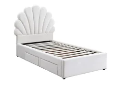 Vente-unique Lit coquillage 90 x 190 cm avec 2 tiroirs - Velours - Blanc + Matelas - MOANA Outlet