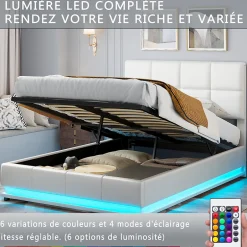 Fortuna lai Lit d'ameublement 140x190 cm avec éclairage LED, cadre à lattes et tête de lit réglable, cuir synthétique, sans matelas, blanc