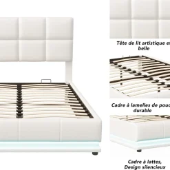 Fortuna lai Lit d'ameublement 140x190 cm avec éclairage LED, cadre à lattes et tête de lit réglable, cuir synthétique, sans matelas, blanc