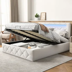 Fortuna lai Lit d'ameublement 140x200, lit double LED avec espace de stockage et cadre à latte,sans matelas,abricot Hot