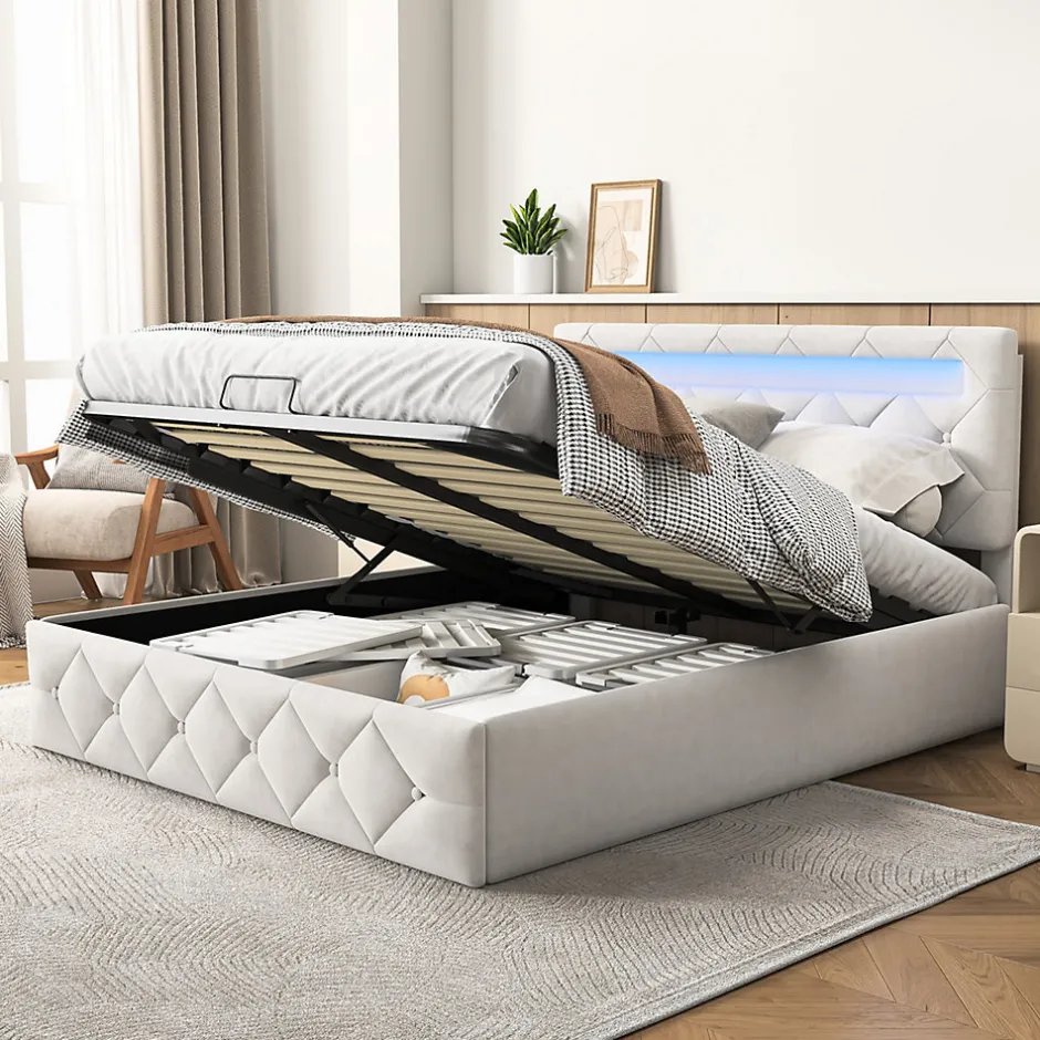 Fortuna lai Lit d'ameublement 140x200, lit double LED avec espace de stockage et cadre à latte,sans matelas,abricot Hot