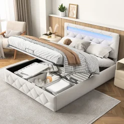 Fortuna lai Lit d'ameublement 140x200, lit double LED avec espace de stockage et cadre à latte,sans matelas,abricot Hot