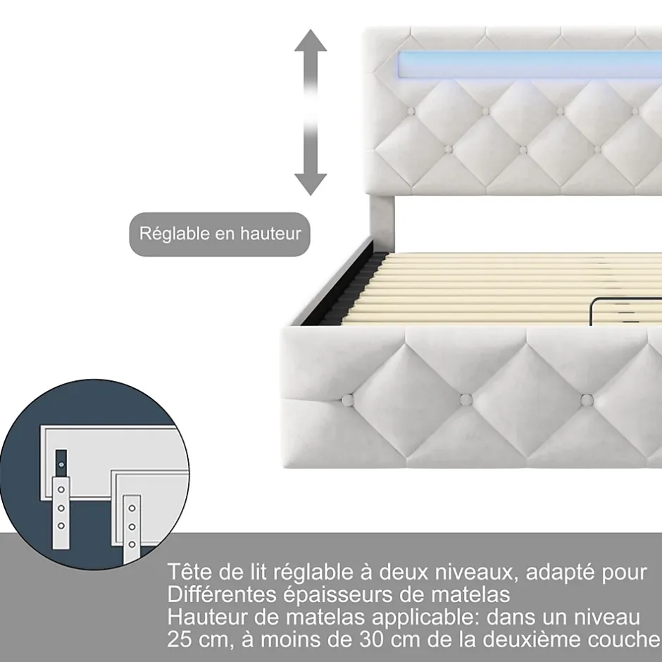 Fortuna lai Lit d'ameublement 140x200, lit double LED avec espace de stockage et cadre à latte,sans matelas,abricot Hot
