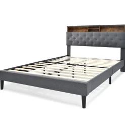 Okwish Lit Déco 140 x 200 Cm - Lit Double Capitonné avec Tête de Lit Coffre - Bois Massif et Lin - Sans Matelas - Gris Sale