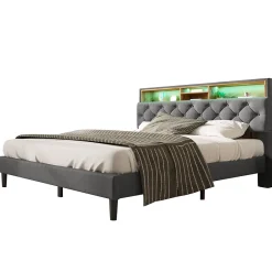 Okwish Lit Déco 140 x 200 Cm - Lit Double Capitonné avec Tête de Lit Coffre - Bois Massif et Lin - Sans Matelas - Gris Sale