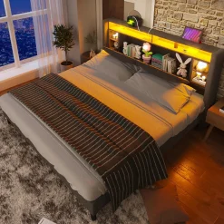 Okwish Lit Déco 140 x 200 Cm - Lit Double avec Chargement USB et LED - Bois Massif, Lin et Métal - Sans Matelas - Gris