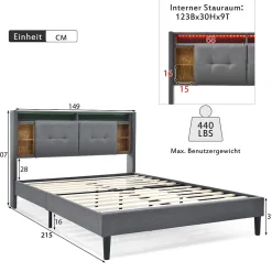Okwish Lit Déco 140 x 200 Cm - Lit Double avec Chargement USB et LED - Bois Massif, Lin et Métal - Sans Matelas - Gris