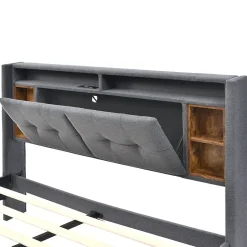 Okwish Lit Déco 140 x 200 Cm - Lit Double avec Chargement USB et LED - Bois Massif, Lin et Métal - Sans Matelas - Gris