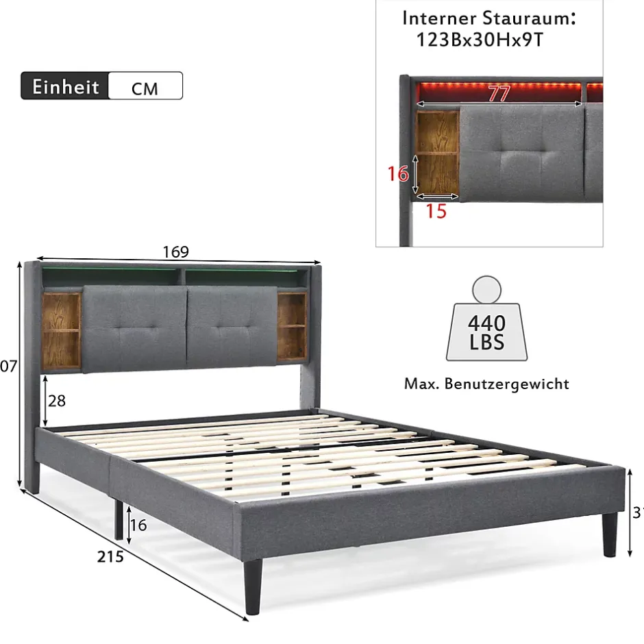 Okwish Lit Déco 160 x 200 Cm - Lit Double avec Chargement USB et LED - Bois Massif, Lin et Métal - Sans Matelas - Gris Sale