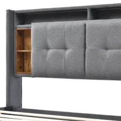 Okwish Lit Déco 160 x 200 Cm - Lit Double avec Chargement USB et LED - Bois Massif, Lin et Métal - Sans Matelas - Gris Sale