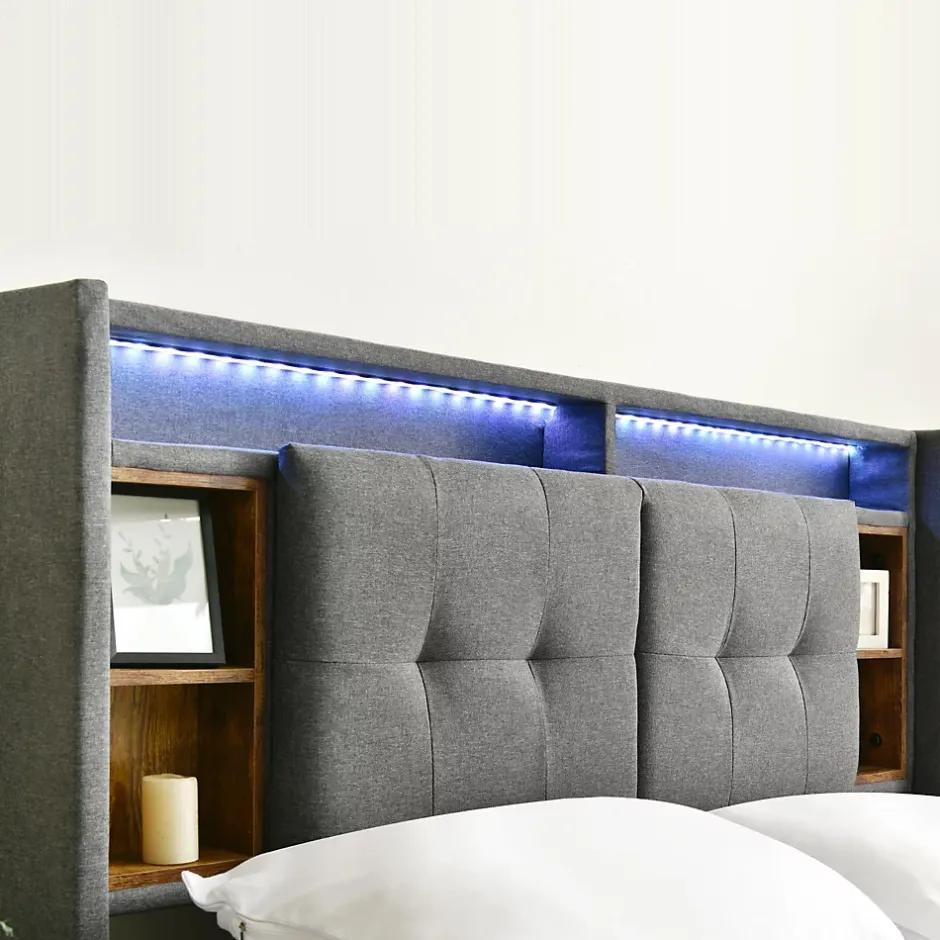 Okwish Lit Déco 160 x 200 Cm - Lit Double avec Chargement USB et LED - Bois Massif, Lin et Métal - Sans Matelas - Gris Sale