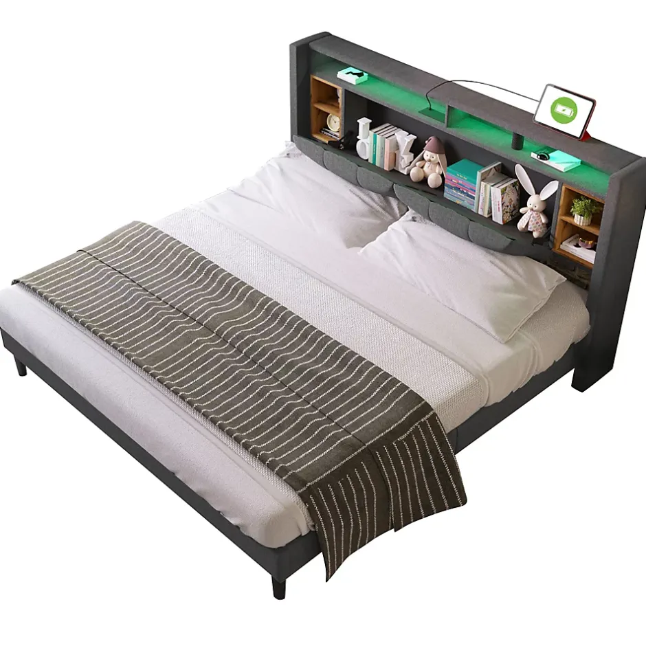 Okwish Lit Déco 160 x 200 Cm - Lit Double avec Chargement USB et LED - Bois Massif, Lin et Métal - Sans Matelas - Gris Sale