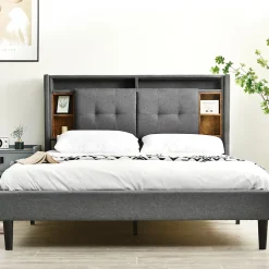 Okwish Lit Déco 160 x 200 Cm - Lit Double avec Chargement USB et LED - Bois Massif, Lin et Métal - Sans Matelas - Gris Sale