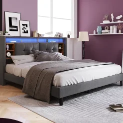 Okwish Lit Déco 160 x 200 Cm - Lit Double avec Chargement USB et LED - Bois Massif, Lin et Métal - Sans Matelas - Gris Sale