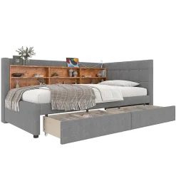 Blackcolors Lit de jour 90x200 cm, 2 tiroirs, USB/Type-C, rangement, lattes, lin - gris