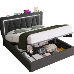 Gutent lit de rangement 160x200 cm lit rembourré lit eclairage led avec fonction de chargement usb type c lit double lin gris New