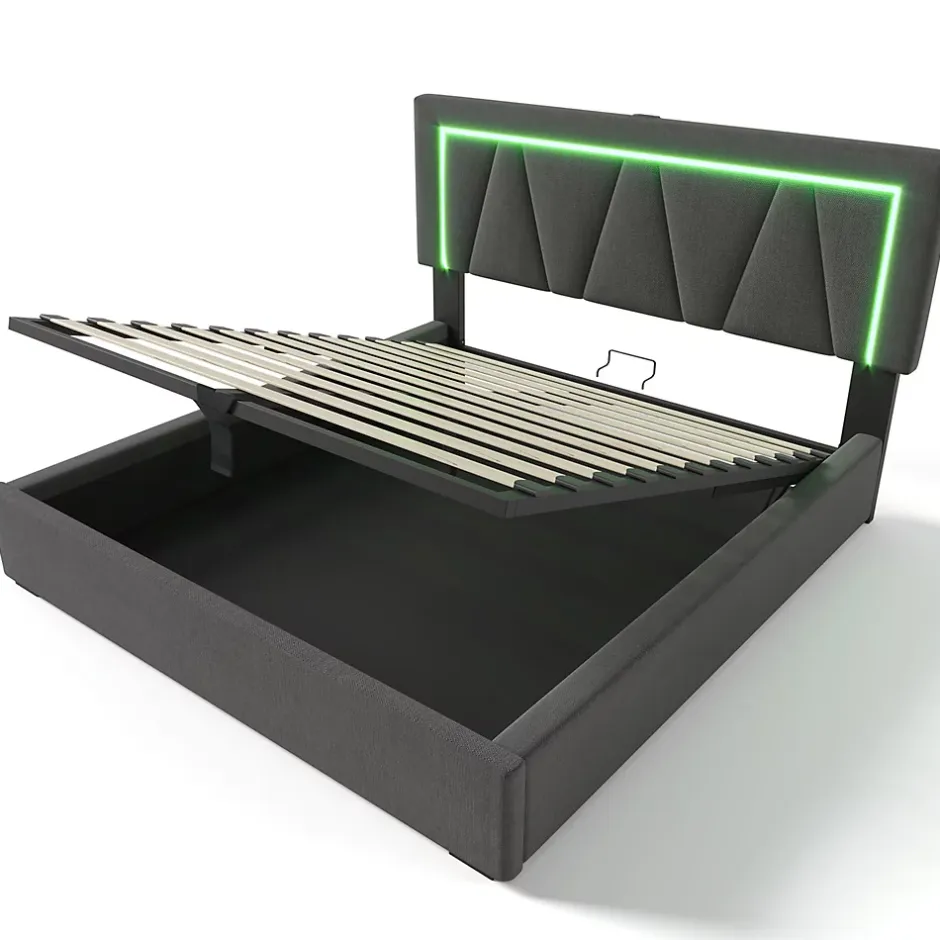 Gutent lit de rangement 160x200 cm lit rembourré lit eclairage led avec fonction de chargement usb type c lit double lin gris New