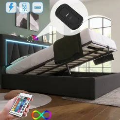 Gutent lit de rangement 160x200 cm lit rembourré lit eclairage led avec fonction de chargement usb type c lit double lin gris New