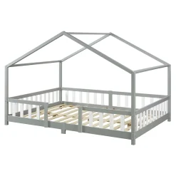 [En.Casa] Lit d'Enfant Forme Maison avec Grille de Protection Treviolo 200 x 140 cm gris en.casa Outlet