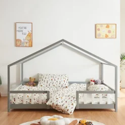 [En.Casa] Lit d'Enfant Forme Maison avec Grille de Protection Treviolo 200 x 140 cm gris en.casa Outlet