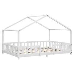 Enfant [En.Casa] Lit d'Enfant Forme Maison avec Grille de Protection Treviolo 200 x 120 cm Blanc Mat Laqué en.casa