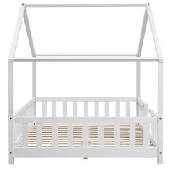 Enfant [En.Casa] Lit d'Enfant Forme Maison avec Grille de Protection Treviolo 200 x 120 cm Blanc Mat Laqué en.casa