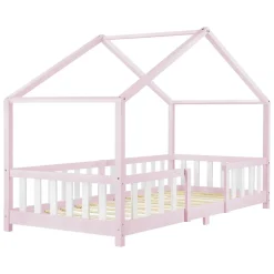 [En.Casa] Lit d'Enfant Forme Maison avec Grille de Protection Treviolo 200 x 90 cm Rose Blanc Mat Laqué en.casa Discount