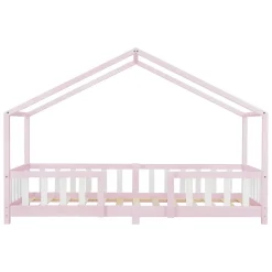 [En.Casa] Lit d'Enfant Forme Maison avec Grille de Protection Treviolo 200 x 90 cm Rose Blanc Mat Laqué en.casa Discount