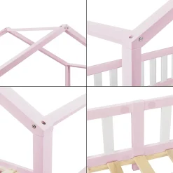 [En.Casa] Lit d'Enfant Forme Maison avec Grille de Protection Treviolo 200 x 90 cm Rose Blanc Mat Laqué en.casa Discount