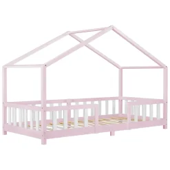 [En.Casa] Lit d'Enfant Forme Maison avec Grille de Protection Treviolo 200 x 90 cm Rose Blanc Mat Laqué en.casa Discount
