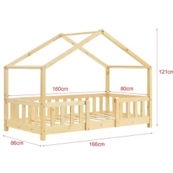 [En.Casa] Lit d'Enfant Forme Maison avec Grille de Protection Treviolo 160 x 80 cm Bois Naturel en.casa Discount