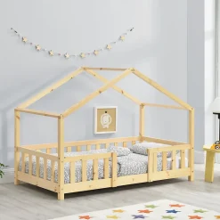 [En.Casa] Lit d'Enfant Forme Maison avec Grille de Protection Treviolo 160 x 80 cm Bois Naturel en.casa Discount