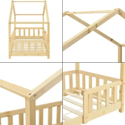 [En.Casa] Lit d'Enfant Forme Maison avec Grille de Protection Treviolo 160 x 80 cm Bois Naturel en.casa Discount