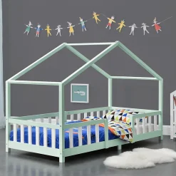 Enfant [En.Casa] Lit d'Enfant Forme Maison avec Grille de Protection Treviolo 200 x 90 cm Menthe Blanc Mat Laqué en.casa