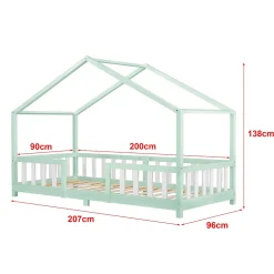 Enfant [En.Casa] Lit d'Enfant Forme Maison avec Grille de Protection Treviolo 200 x 90 cm Menthe Blanc Mat Laqué en.casa