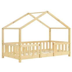 [En.Casa] Lit d'Enfant Forme Maison avec Grille de Protection Treviolo 140 x 70 cm Bois Naturel en.casa New